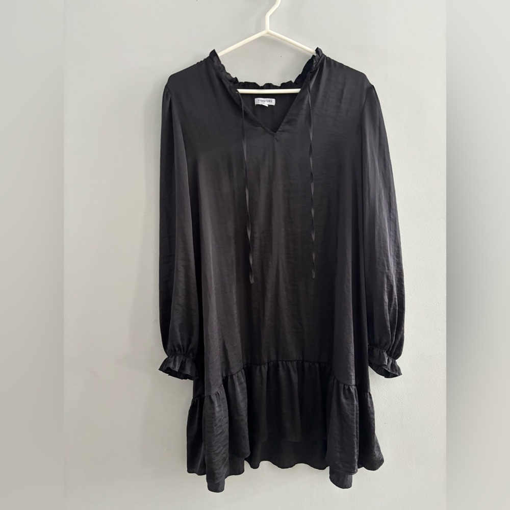 Reitmans Signature Black Ruffle Hem Tunic Dress XXL Billowy Long Sleeve Tie Neck